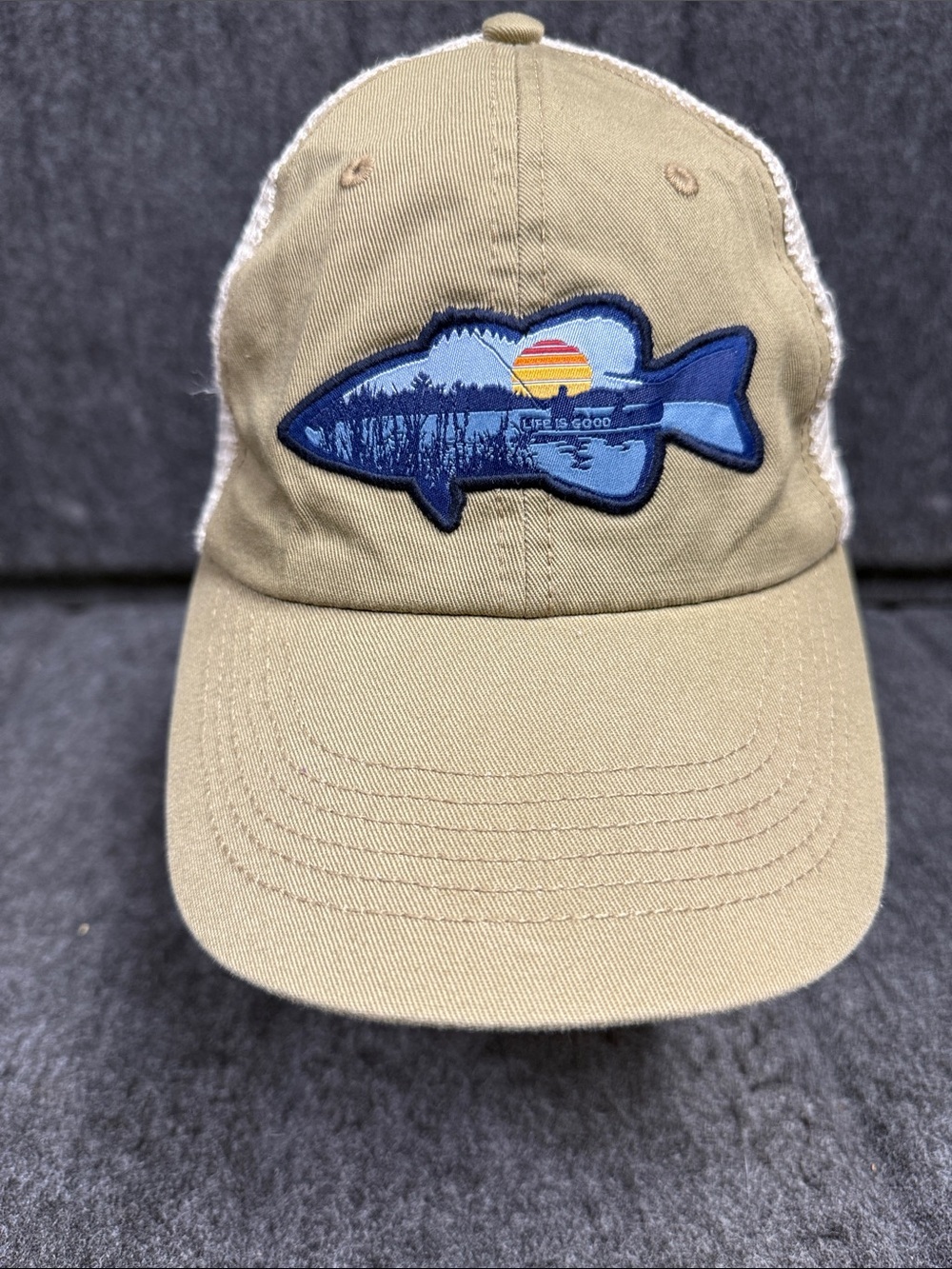 Life Is Good Khaki Trucker Hat with Fish Sunset Patch